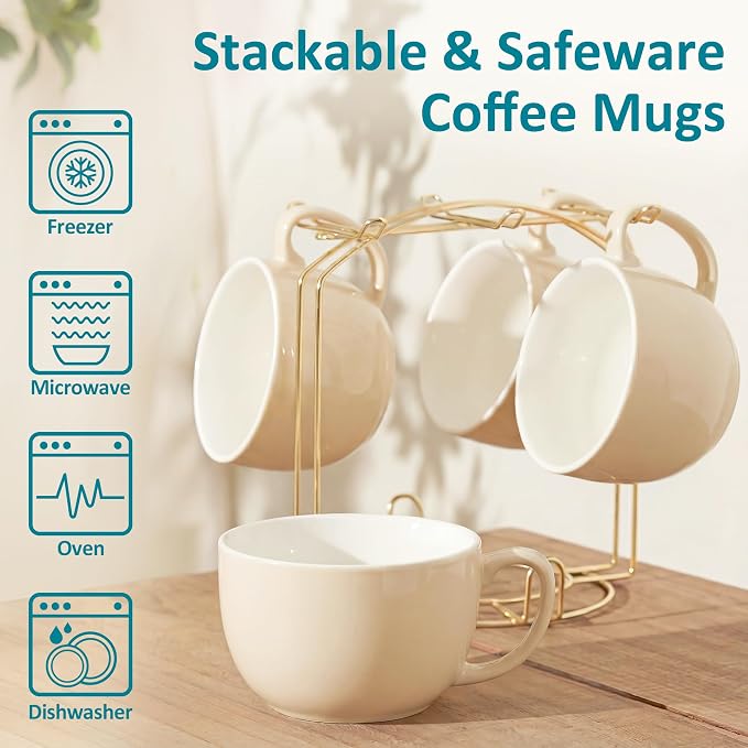 Teocera 16oz Large Coffee Mugs Set of 4 - Thick Cream Porcelain Cups for Cappuccino, Latte, Tea & Hot Chocolate - Dishwasher Safe Ceramic with Comfort Grip Handles - Image 6