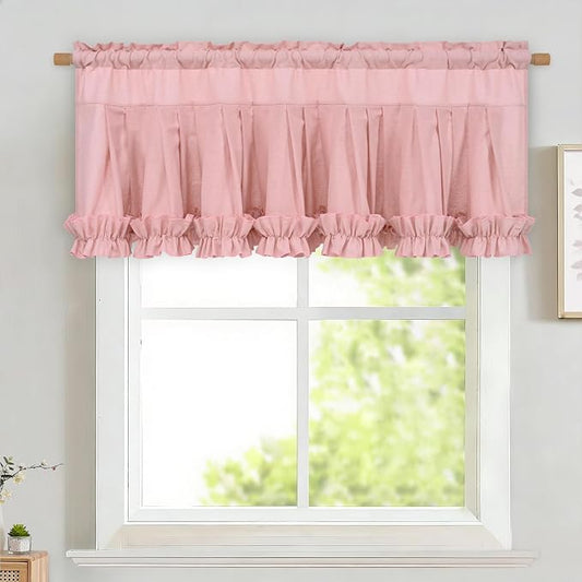 Likiyol Linen Valances for Windows Farmhouse Window Valances with Ruffle Rustic Country Light Filtering Kitchen Valance Curtains Rod Pocket Valance for Bathroom Cafe, Pink, 52" W X 18" L by Likiyol