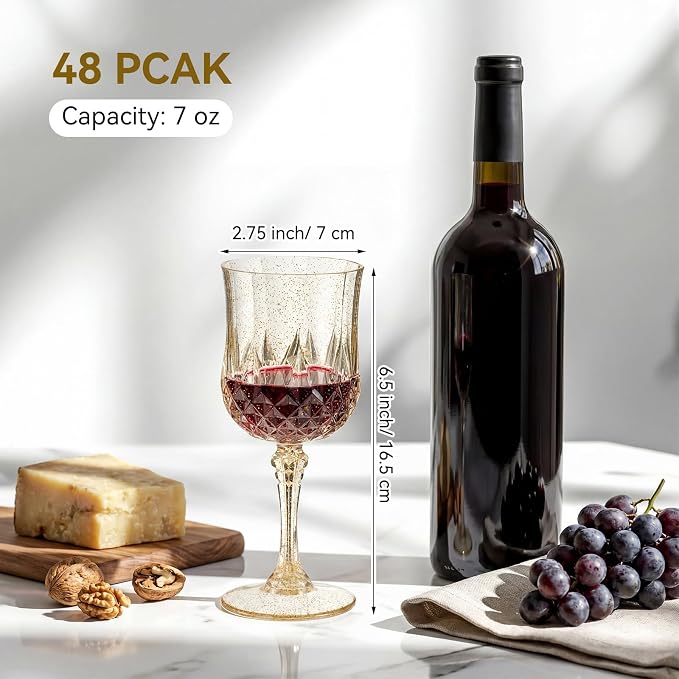 Sliner 48 Pcs 7oz Plastic Vintage Wine Glasses Drinking Goblets Unbreakable Crystal Water Glassware Reusable Diamond Champagne Flutes Cups for Wedding Banquet Birthday Party Supplies (Gold Glitter) - Image 2