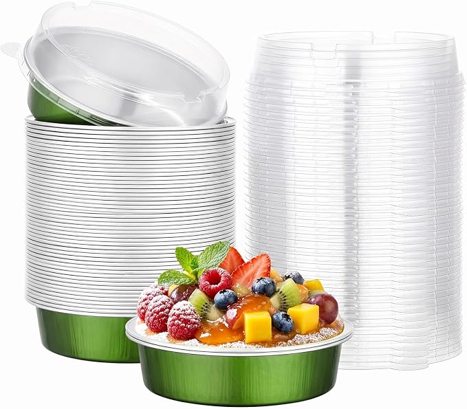 Beasea 4 Inch Mini Pie Tins with Lids, 50 Pack 7.3 oz Disposable Mini Tart Pans, Aluminum Foil Baking Cups Small Round Muffin Container Cheesecake Tins for Pie Tart Quiche - Avocado Green by Beasea