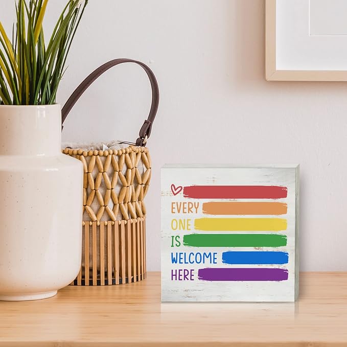 Every One is Welcome Here Wood Box Sign Decor Rustic Pride Rainbow Quote Wooden Box Sign Block Plaque for Wall Tabletop Desk Home Office Classroom Decoration 5" x 5" - Image 5