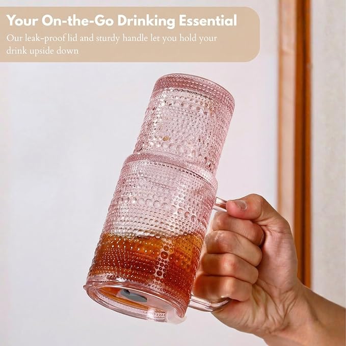 20 oz Pink Glass Tumbler with Lid and Straw, Glass Iced Coffee Cups, Spill-proof Glasses Tumbler with Handle, Glasses Drinking Set of 4, Vintage Glassware for Cocktail, Smoothies - Image 4
