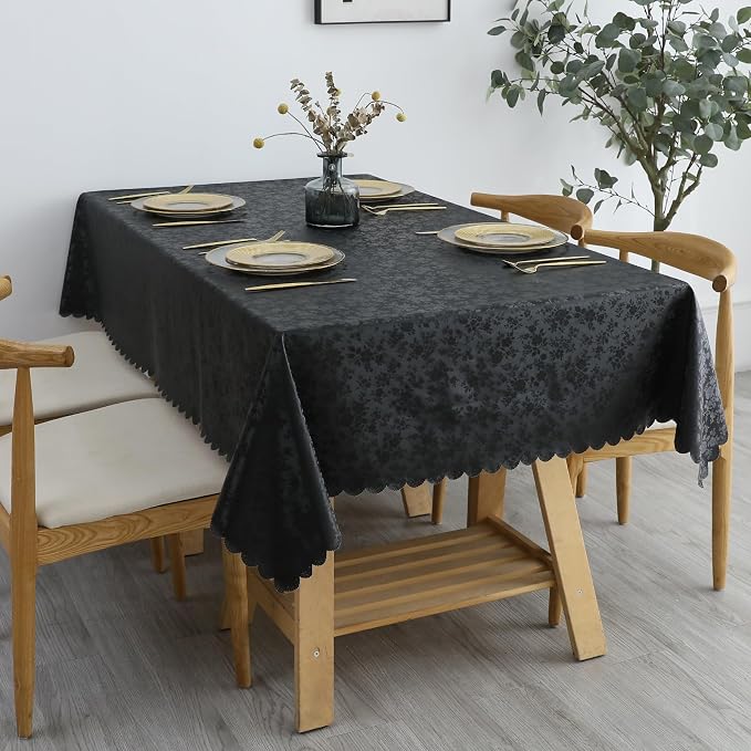 Smiry Rectangle Waterproof Heavy Duty Vinyl Tablecloths, 70 x 90 Inch | Wipeable Washable Floral Embossed Table Cover for Kitchen and Dining Room, Indoor & Outdoor Use, Black - Image 6