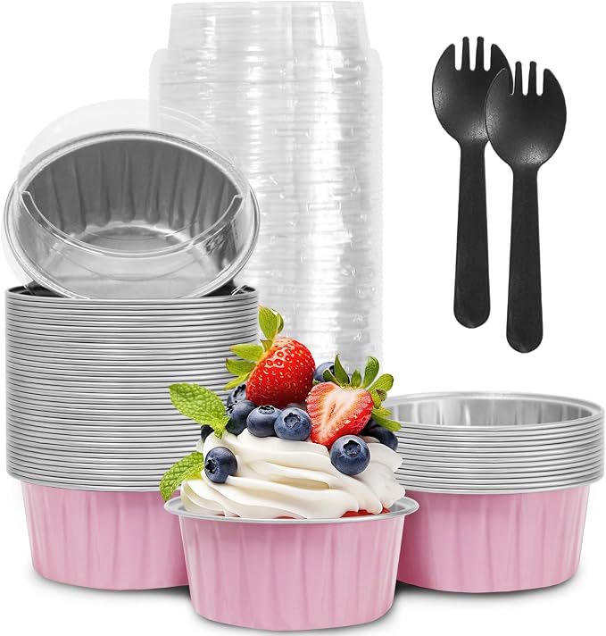 Mother's Day 50Pcs Mini Aluminum Foil Cupcake,5oz Pink Baking Cups with Lid | Mini Cake Pans,Oven Safe,Loaf Pans with Lids,Disposable Ramekins,Tin Cups Containers for Cupcake,Muffin,Cheesecake by YOIYINI