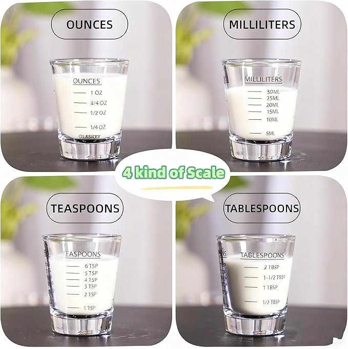 2-Pack Shot Glass Measuring Cups Set | Non-Fading 4-Measurement Espresso Jigger (OZ/ML/TSP/TBSP) | Thick Base Heavy Glass Measuring Cup for Coffee & Kitchen，Dishwasher Safe, Incremental Scale (Black)