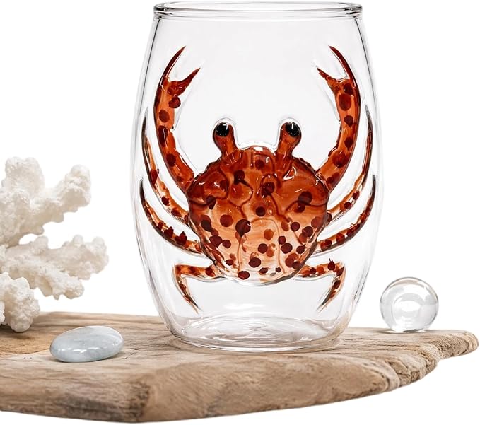 Handmade Blue Glass Stemless Wine Cup 3D Ocean Animal Bar(White Style 2) | 3D Sculpted Handmade Blue Ring Stemless Wine Glass Ocean Cup Handblown Glassware Ocean Lover Gift by Unknown