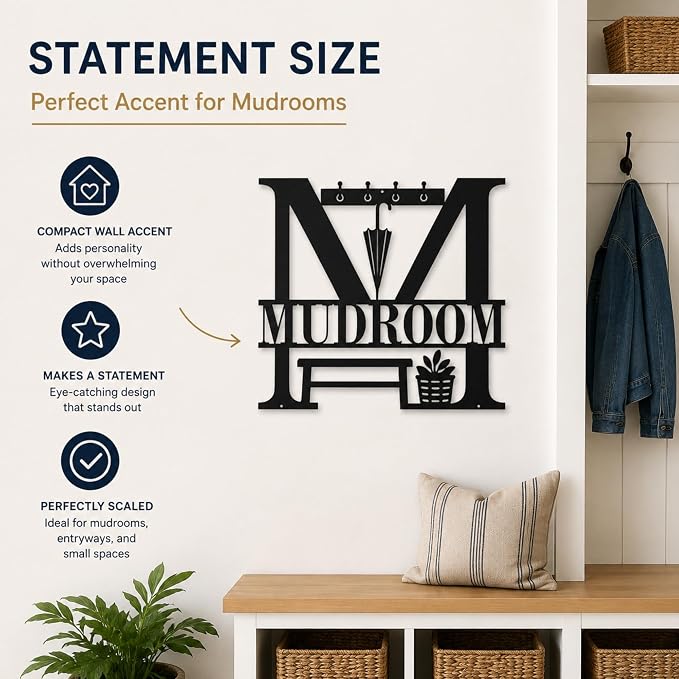 Mudroom Metal Wall Decor, Farmhouse Entryway Sign, 14 Inch | 14-inch matte black metal mudroom sign with pre-drilled holes for farmhouse entryway, hallway, or utility room decor. - Image 2