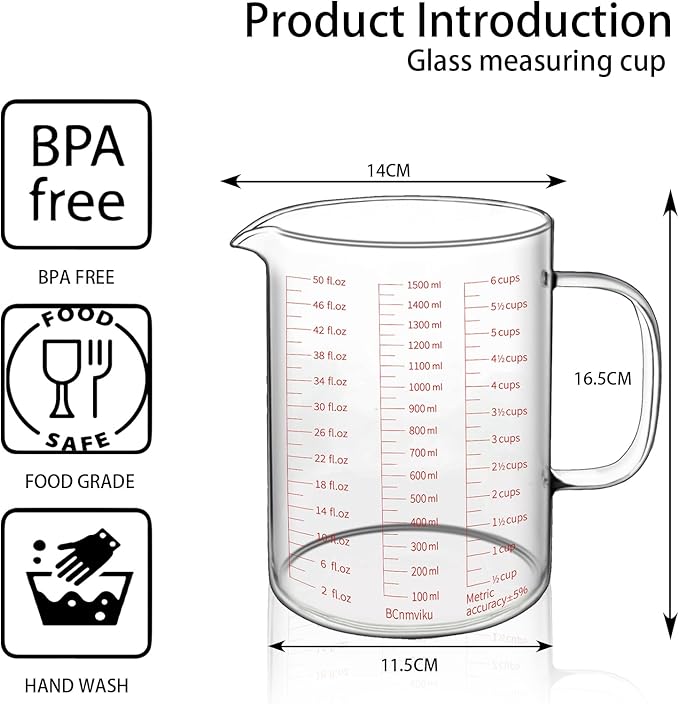 BCnmviku Glass Measuring Cups 6Cup/1500ml/50oz High Borosilicate [Insulated Handle | V-Shaped Spout]For Prepping Baking and Cooking Preheated Oven Dishwasher Freezer and Microwave Safe (1500ML)