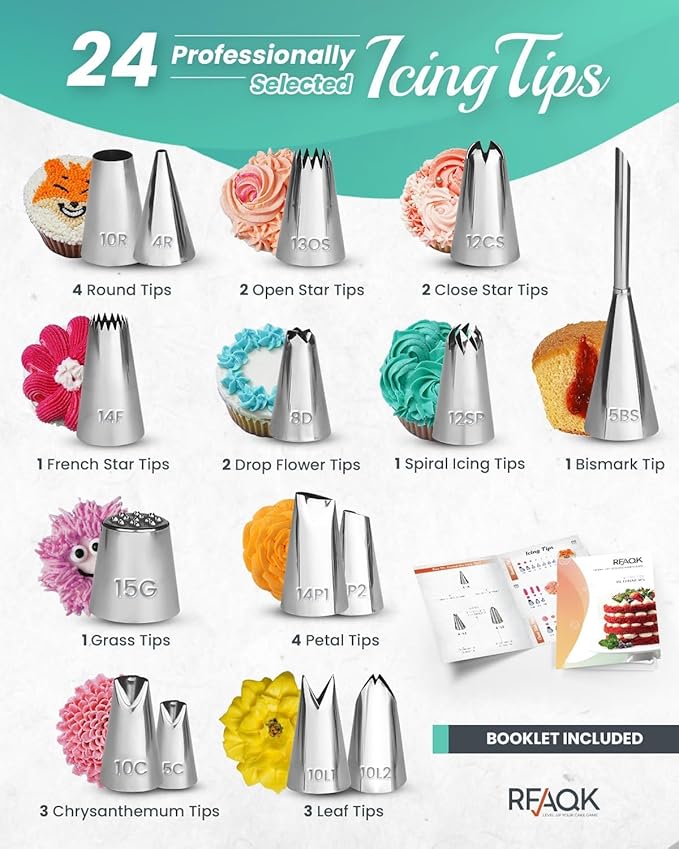RFAQK 90 PCs Cake Decorating Kit for Beginners Includes Video Course, Booklet + Baking Supplies Gift - Cake Stand, Leveler, 24 Numbered Piping Tips, Straight & Offset Spatula, & Scraper sets