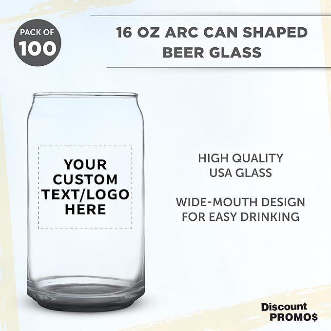 Custom Beer Can Glasses Set of 100, 16 oz. Pint Sized, Promotional Text, Logo, Soda Can Shape, Glassware, Black