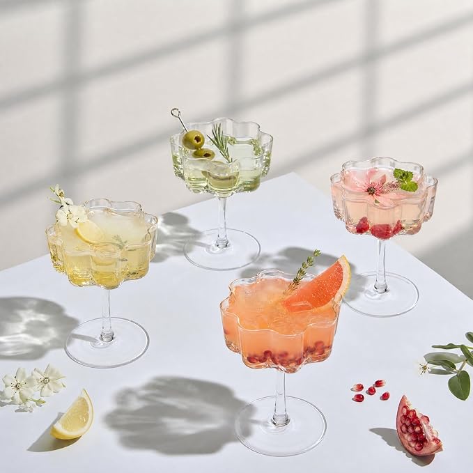 Flower Scalloped Vintage Wavy Petals Wave Glass Coupes 7oz Colorful Martini, Champagne & Cocktails, 4 Set Clear Rippled Champagne Glasses, Elegant Bar Glassware, Unique Aesthetic Coupe Glassware Gifts by Khen