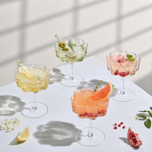 Flower Scalloped Vintage Wavy Petals Wave Glass Coupes 7oz Colorful Martini, Champagne & Cocktails, 4 Set Clear Rippled Champagne Glasses, Elegant Bar Glassware, Unique Aesthetic Coupe Glassware Gifts by Khen