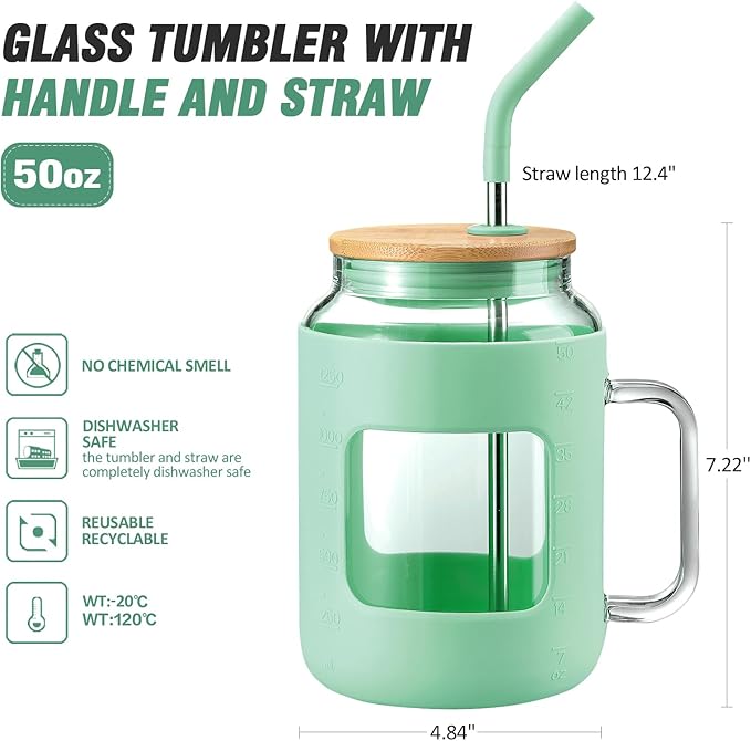 50 oz Glass Water Bottles with Silicone Sleeve,Glass Tumbler with Lid and Straw,Iced Coffee Cup with Handle,BPA Free-Green