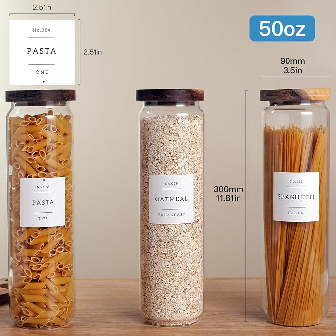 CZZGSM 3 Set Glass Pantry Storage Jars with Acacia Airtight Lid - 50oz Thicken Glass Kitchen Canisters with 132 Pantry Labels - Tall Food Storage Containers with Wood Lid for Pasta,Spaghetti,Cereal - Image 4