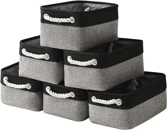 TheWarmHome Storage Basket for Organizing - 12x8x5.2 inch Small 6 Pack Collapsible Storage Bin for Shelves with Rope, Fabric Storage Cubes for Cloth Gift Toy Decorative Organizer (Black & Grey)