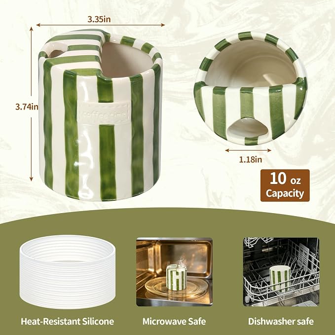 10 oz Ceramic Coffee Mug with Sip Hole & Silicone Sleeve, Green | Cute Hand-Painted Striped Porcelain, Gift for Coffee Lover, Cold & Hot Drinks, Microwave & Dishwasher Safe - Image 6