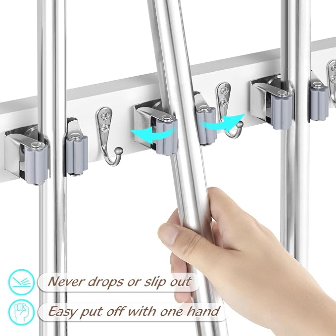 OUTNILI 2 Pack Mop Broom Holder Wall Mount - White Wood Broom Mop Hanger - Wall Mounted Garden Tool Rack Organizer for Closet Garage Laundry Room, 4 Slots & 4 Hooks - Image 2