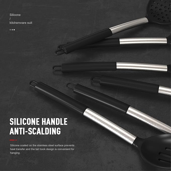 oannao Large Silicone Cooking Utensils Set - Heat Resistant Kitchen Utensils Sets,Spatula,Spoon,Turner Tongs,Whisk,Stainless Steel Cooking Utensil for Nonstick Cookware Dishwasher Safe (Black) - Image 2