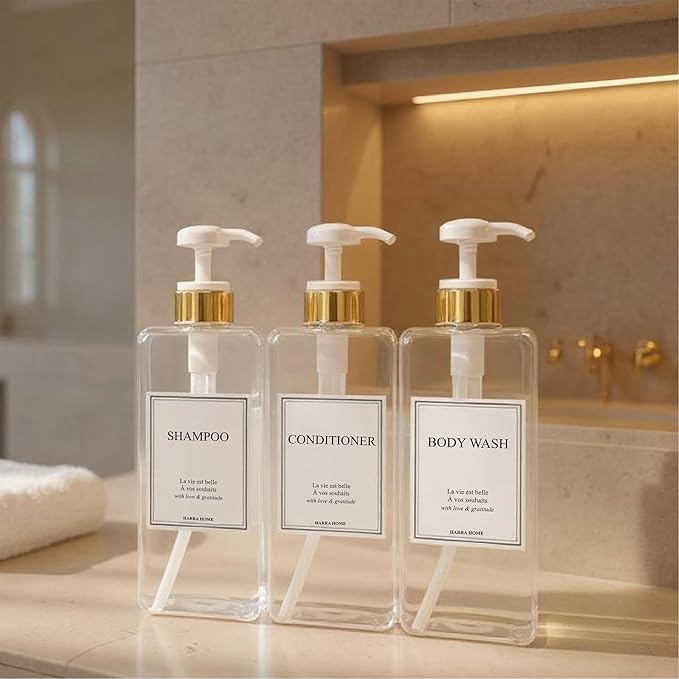 Modern Gold Design Large 27 oz Shampoo and Conditioner Dispensers - Plastic Refillable Pump Bottle Set for Bathroom Shower Soap Dispenser, Includes 6 Waterproof Labels, Set of 3 (Clear & White)