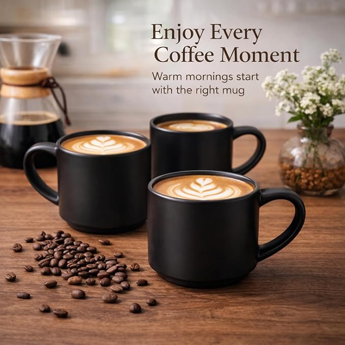 GBhome 14 OZ Coffee Mugs Set of 6, Stackable Ceramic Mugs for Men, Women, Modern Coffee Cups With Stable Base for Latte, Tea, Cappuccino. Dishwasher & Microwave Safe, Matte Black - Image 6