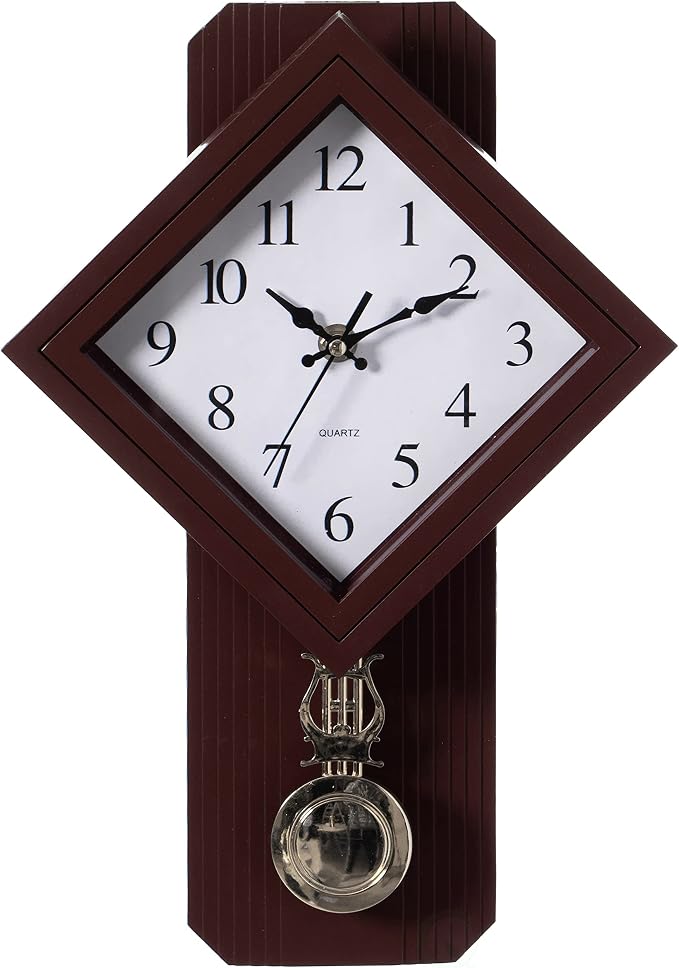 Clockswise Traditional Brown Square Wood- Looking Pendulum Plastic Wall Clock for Living Room, Kitchen, or Dining Room by Clockswise