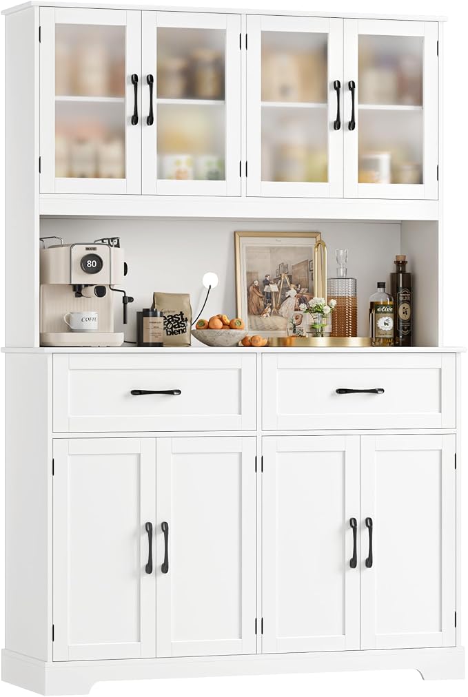 BOTLOG 71" Large Pantry Storage Cabinet with Microwave Stand | Tall Hutch Cabinet with Glass Doors 8 Storage Compartments for Dining Room, Modern White by BOTLOG