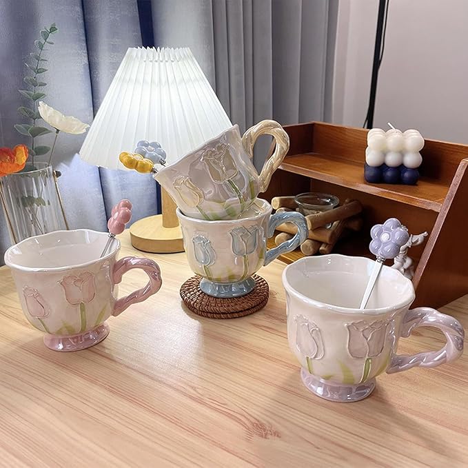 DTIUYIOP-Ceramic Coffee Mug 14oz/410ml Yellow Cute Flower with Spoon | novelty coffee mug, Tulip Shaped Floral,Girly Mug with Handle, Breakfast Milk Oatmeal Cup, cute mugs for women - Image 6
