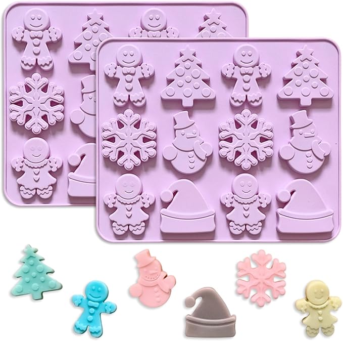 2 Piece Christmas Chocolate Silicone Molds, Xmas Tree Hat Snowflake and Gingerbread man Shape 3D Chocolate 24-Cavities Candy Moulds for Christmas Day, Holiday Theme Candy Pudding Jelly Making
