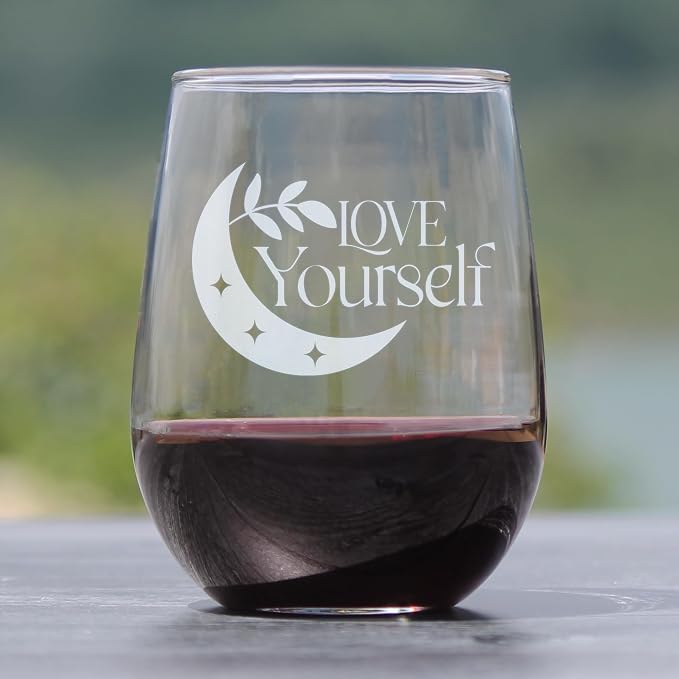 Love Yourself Celestial Moon 17oz Stemless Wine Glass, Hand Engraved Etched Glassware for Her Self Care - Image 2