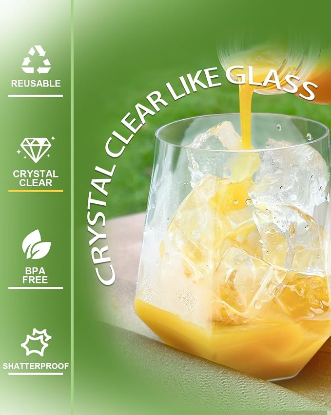 40 Pack Plastic Wine Glasses, 12 Oz Disposable Cocktail Whiskey Glasses | Clear Diamond Stemless Champagne Margarita Glasses, Unbreakable Reusable Plastic Party Cups for Wedding Birthday - Image 5