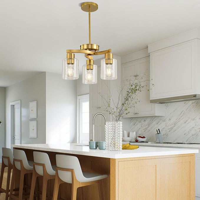 3 Light Brass Gold Dining Room Chandelier, Modern Industrial Pendant Light for Kitchen Island, Adjustable Height Hanging Ceiling Light Fixture with Clear Glass Shades,E26 Base,Dimmable - Image 2