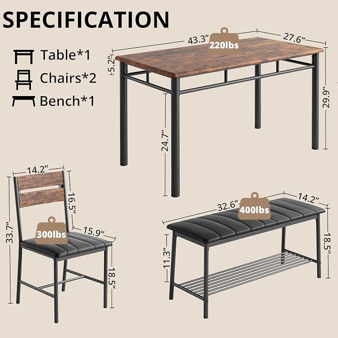 IRONCK Dining Table Set for 4, Kitchen Table and Chairs Set, Rustic Brown | Kitchen Table with Upholstered Bench and 2 Chairs for Small Space, Apartment - Image 2