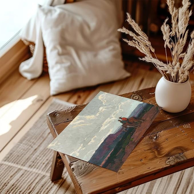 XOCUUI Western Cowboy Unframed Canvas Wall Art Vintage Print Oil Paintings, Horse Rider At Sunset Print Rustic Mountain Landscape Painting, Mid Century Antique Moody Retro Artwork Wall DéCor(8"X10") - Image 5