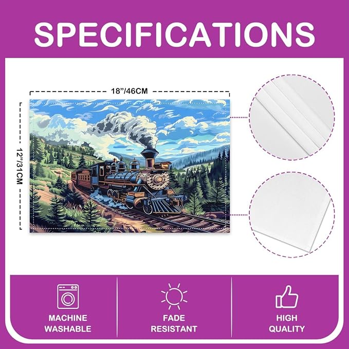 Feelyou Train Placemats Set of 4 Colorful Steam Engine Table Mats American Flag Place Mat for Kitchen Dining Table Party Decor Indoor Outdoor 18"x12" Transportation Vehicle - Image 4