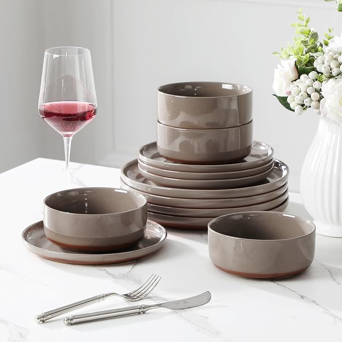 MALACASA Plates and Bowls Sets, 12 Pieces Modern Stoneware Dinnerware Set for 4 Kitchen Dinner Set Ceramic Dishware Dishes Set Microwave and Dishwasher Safe, Brown, Series TARA - Image 7