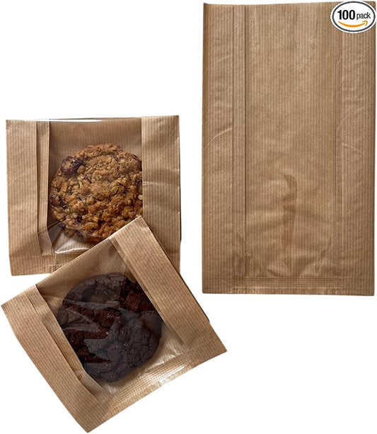 100 Pcs cozymomdeco Korean Made Bakery Bags with Window, Paper Sandwich Bags, Donut To Go, Bakery for Treat, Snack, Cookie Packaging,Pastry Bags (Brown) (Small) by cozymomdeco