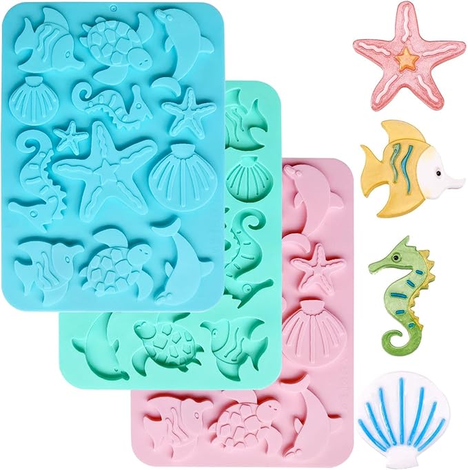 3Pcs Marine Themed Silicone Mold, Non-stick Ocean Animal Cake Baking Molds for Chocolate Candy Fondant Cupcake Cookie Dessert DIY Cake Decoration Suppies