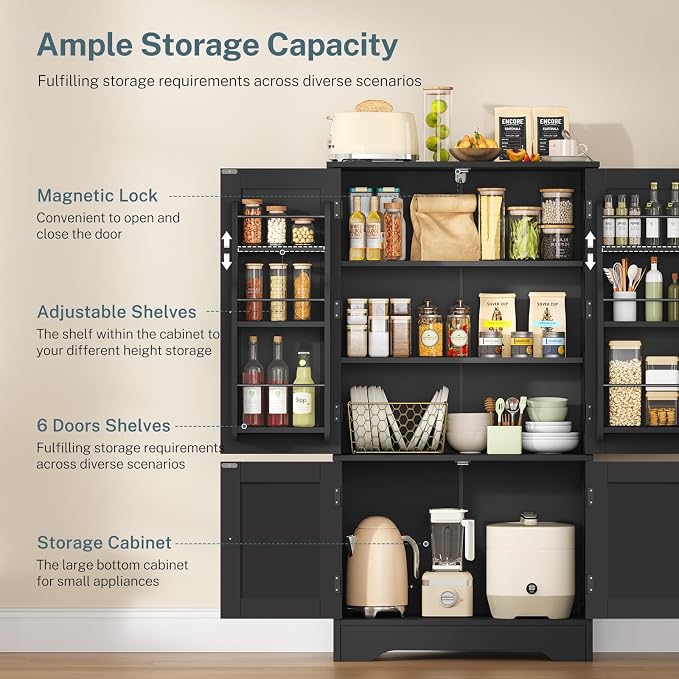 TEENFON Storage Cabinet with 4 Doors, Kitchen Cabinet with 6 Door Shelves | Kitchen Pantry Cabinet with Adjustable Shelves, for Living Room, Dining Room, Bathroom, Black - Image 4