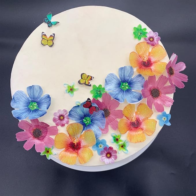 Weraru 58Pcs Edible Butterfly and Flowers Cake Topper Cupcake Toppers Wedding Themed Party Birthday Cake Decoration Mixed Size & Colour - Image 3