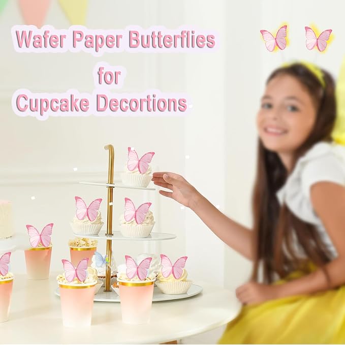 48Pcs Edible Butterflies for Cake Decorations Pink Wafer Paper Butterfly Cupcake Toppers Wafer Glutinous Paper Butterflies for Wedding Baby Shower Kids Birthday Party Cupcakes Decorating (Pink) - Image 6