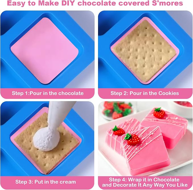 Sidosir 3Pcs Chocolate Covered Cookie S'mores Molds, 6-Cavity Square Molds Silicone for Smores, Non-Stick Silicone Baking Mold for Graham, Chocolate, Graham Crackers, Candy - Image 5