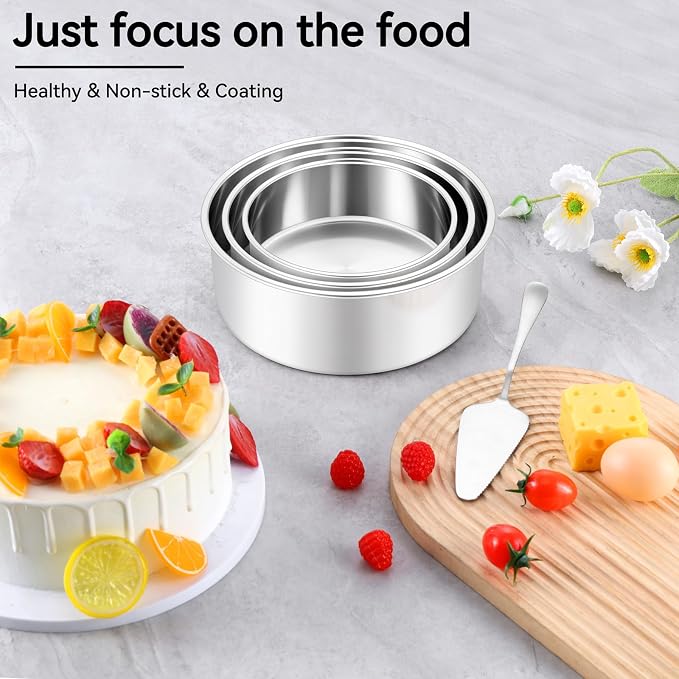Leonyo Tall Round Cake Pans, 6’’- 8’’- 9½’’ Cake Pan Set for 3, Stainless Steel Round Layer Baking Tier Cake Pans Set, 3-Tiered Cake Tins for Birthday Wedding, Non Toxic & Healthy, Dishwasher Safe - Image 4