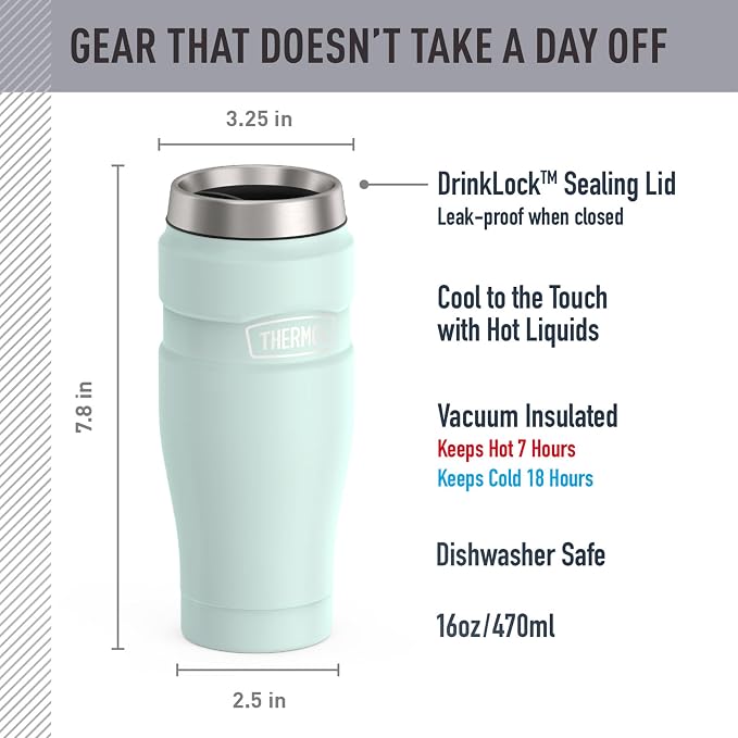 THERMOS Stainless King Vacuum-Insulated Stainless Steel Tumbler - 16oz, Matte Light Blue - Insulated Coffee Tumbler for Hot & Cold Drinks - Leak-Proof & Sweat-Proof for Commuting & Traveling - Image 2