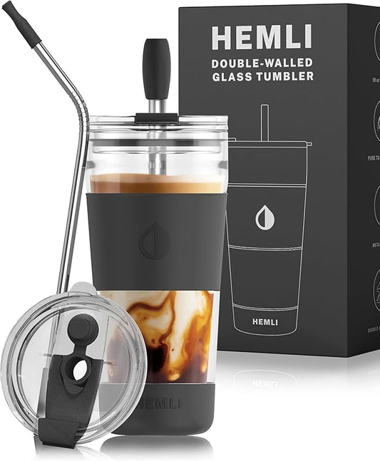 19 oz. Double Wall Glass Coffee Tumbler, To Go Travel Mug with Lid, Portable Glass Thermos with Straw, Reusable Cup, Tea, Smoothies, Ice Coffee, and Boba