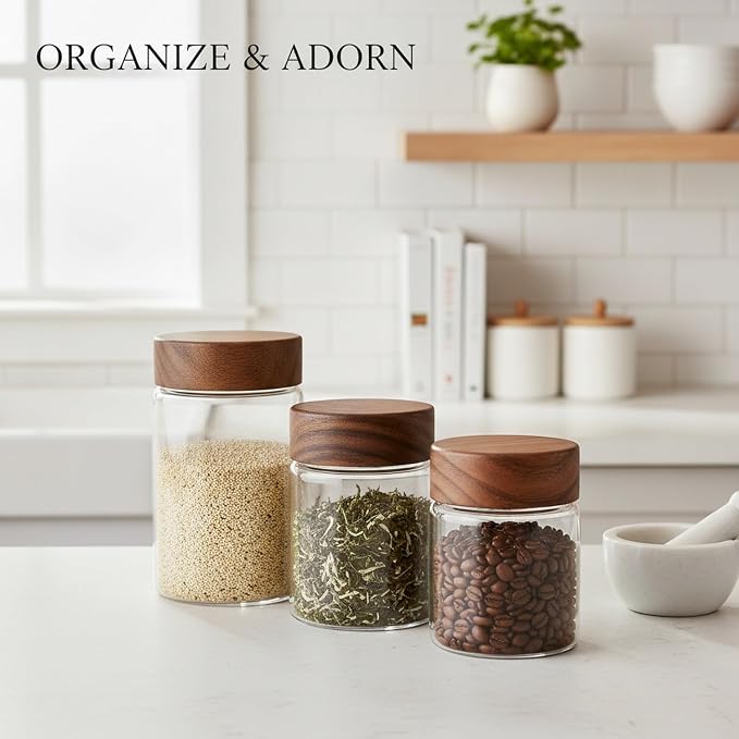 Clear Glass Storage Jar with Acacia Wood Lid - Kitchen Canister for Pantry Organization, Countertop Display, and Dry Food Storage - Image 3