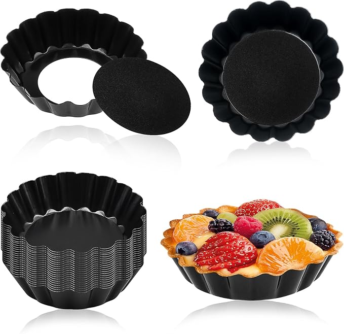 30 Pcs Mini Tart Pans with Removable Bottom,3 Inch Egg Tart Molds | Nonstick Quiche Pie Pan,Small Black Round Bakeware Mold Fluted Side for Pies,Mousse Cake by KisSealed