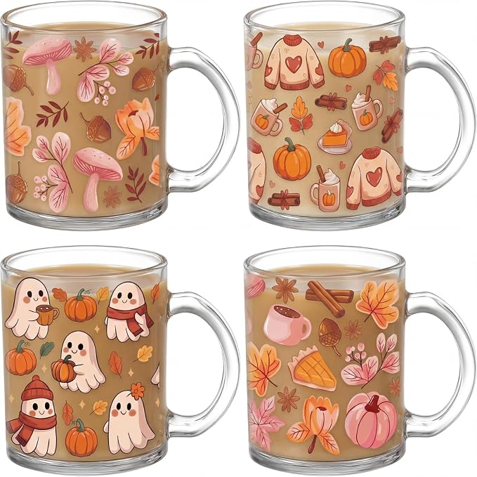 Tioncy 4 Pcs Halloween Coffee Mugs 12 oz Ghost Glass Cups with Handle Halloween Pink Pumpkin Ghost Leaves Coffee Cup Sweet Holiday Gifts Drinking Containers Party Decor by Tioncy