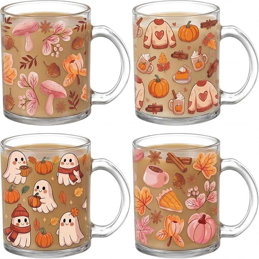 Tioncy 4 Pcs Halloween Coffee Mugs 12 oz Ghost Glass Cups with Handle Halloween Pink Pumpkin Ghost Leaves Coffee Cup Sweet Holiday Gifts Drinking Containers Party Decor by Tioncy