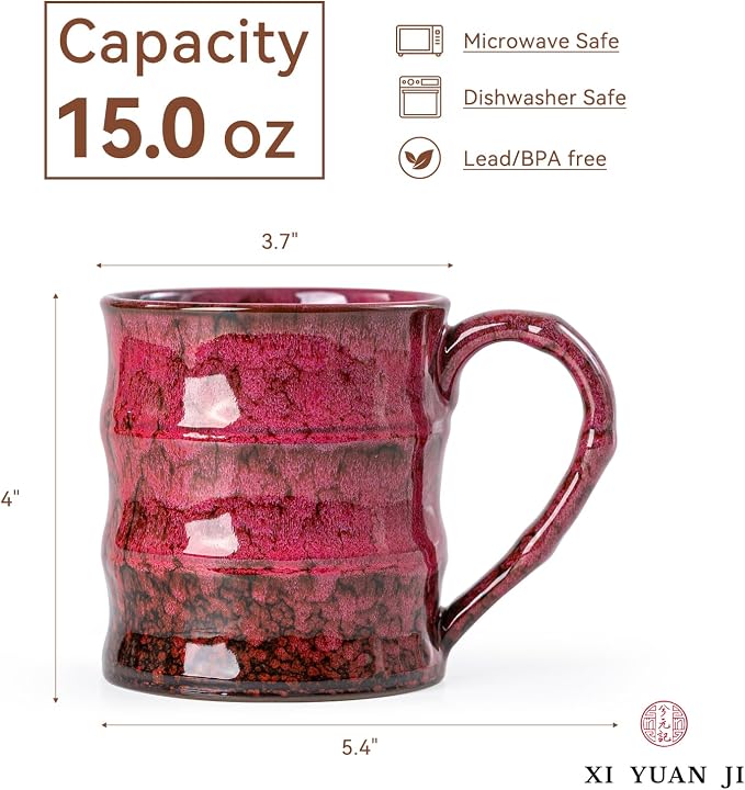 Rustic Red Ceramic Coffee Mug 15oz – Handcrafted Unique Gift for Coffee Lovers, Comfortable Large Handle, Dishwasher Safe - Image 4