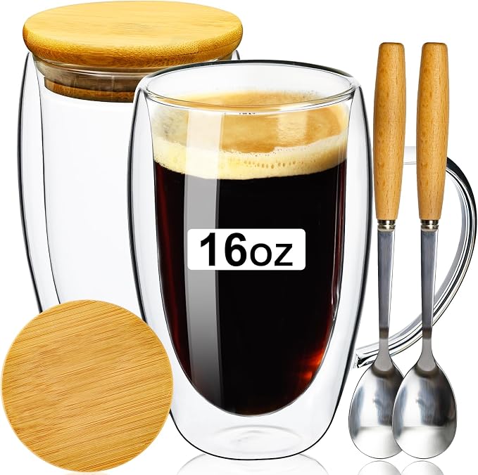 PARACITY Double Wall Glass Coffee Mugs 16OZ with Bamboo Lid/Spoon, Glass Coffee Cups Set of 2 with Handle, Insulated Clear Coffee Mug, Perfect for Latte, Cappuccino, Espresso, Hot Beverage, Tea | Each clear cup has a handle, bamboo lid and wooden spoon... by PARACITY